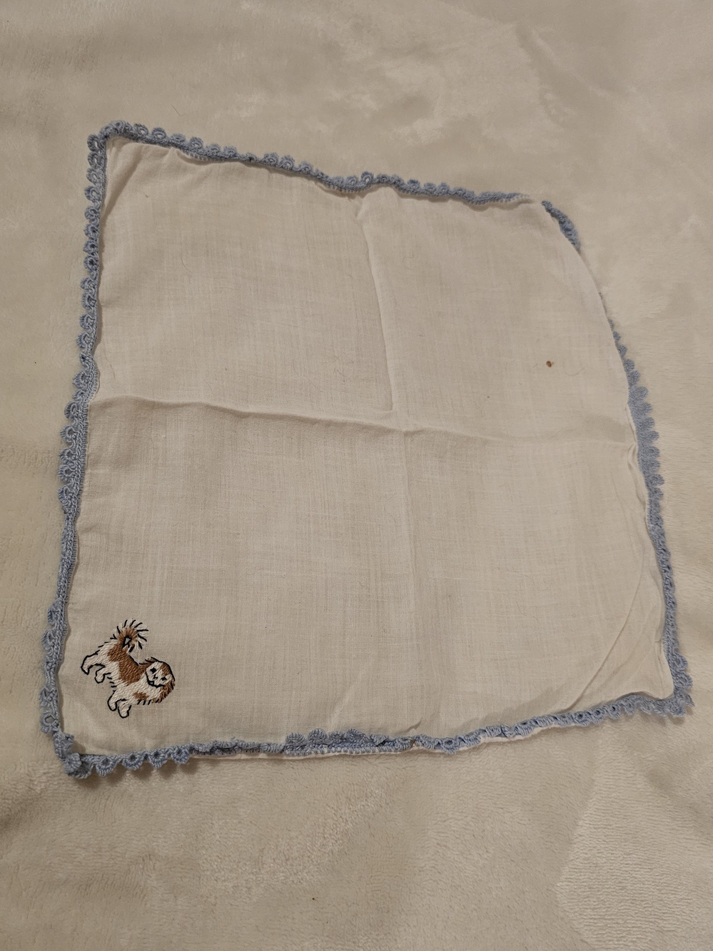 White Cotton Kids Handkerchief with Blue Trim and Puppy Embroidery